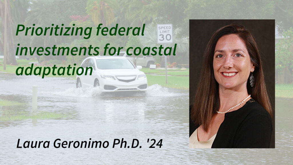 Picture of Laura Geronimo with the title of her dissertation overlaid on top of an image of flooding in a residential street