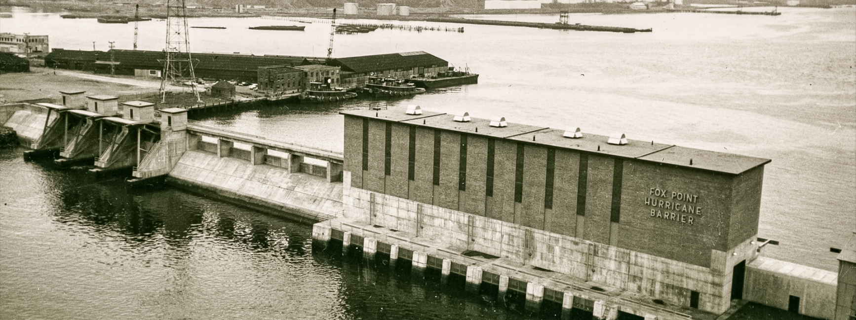 The Fox Point Hurricane Barrier following completion in March 1966 (Providence, Rhode Island). Photo taken by the New England Division of the U.S. Army Corps of Engineers (Waltham, Massachusetts).