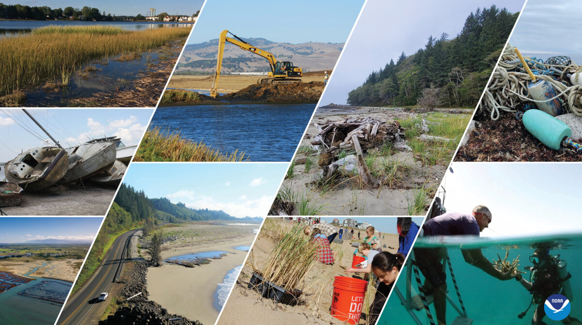 A photo collage of some of the projects being recommended for funding under the Bipartisan Infrastructure Law/Inflation Reduction Act and NOAA's Climate-Ready Coasts initiative.