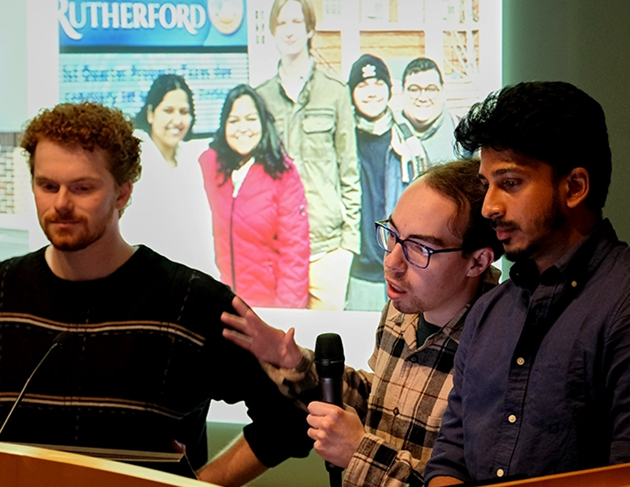 Bloustein School graduate students (l-r) Zachary Soricelli, Andrew Zuppardi, and Abdul Kalam Mustaq present Advance Climate Resilience Through Municipal Land Use Planning Graduate Studio at 2026 Bloustein Studio Day.